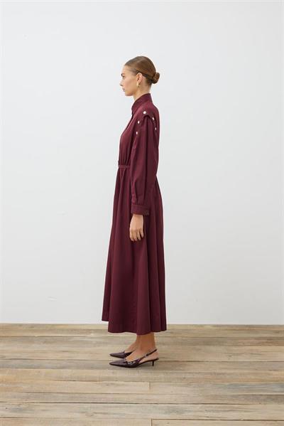 TESS BUTTON DETAILED COTTON DRESS BURGUNDY