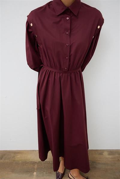 TESS BUTTON DETAILED COTTON DRESS BURGUNDY