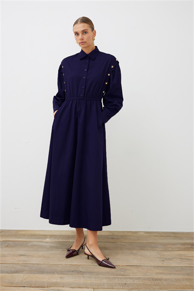 TESS BUTTON DETAILED COTTON DRESS NAVY BLUE