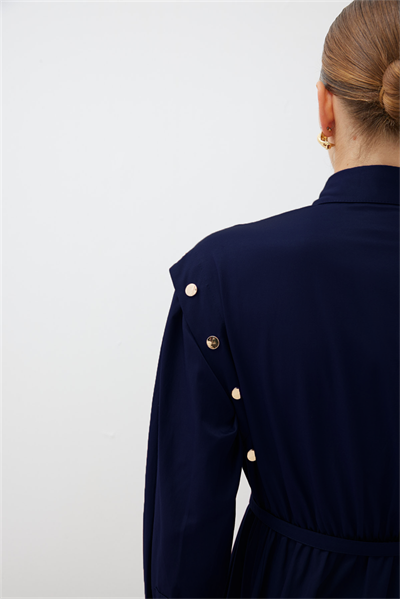 TESS BUTTON DETAILED COTTON DRESS NAVY BLUE