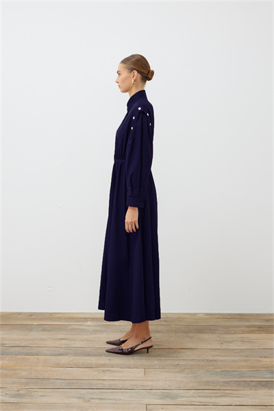 TESS BUTTON DETAILED COTTON DRESS NAVY BLUE