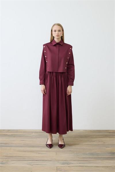 TESS BUTTON DETAILED COTTON SKIRT SET BURGUNDY
