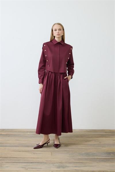 TESS BUTTON DETAILED COTTON SKIRT SET BURGUNDY