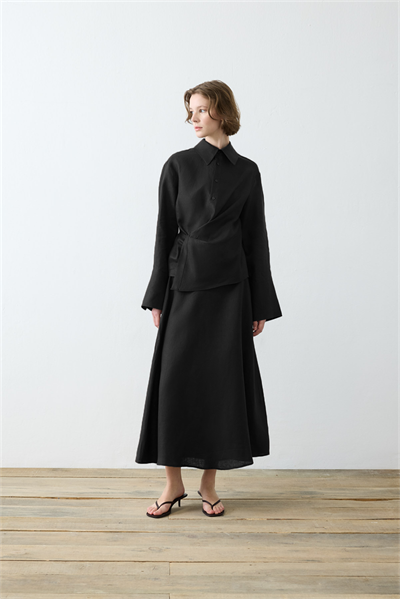 VALE 100% LINEN TIED SKIRT SET BLACK
