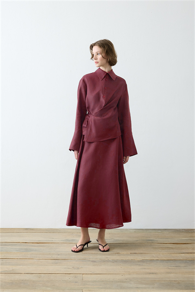 VALE 100% LINEN TIED SKIRT SET BURGUNDY