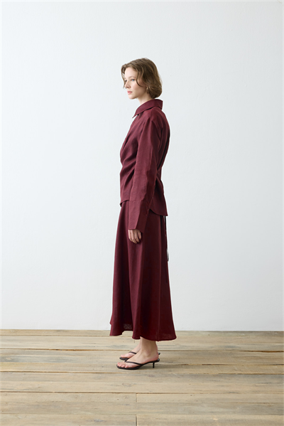 VALE 100% LINEN TIED SKIRT SET BURGUNDY