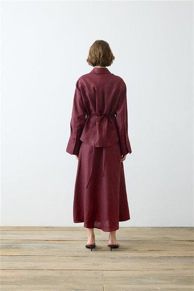 VALE 100% LINEN TIED SKIRT SET BURGUNDY