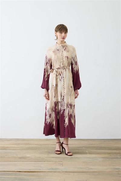 VALLE PATTERNED RAYON VISCOSE BELTED DRESS BURGUNDY