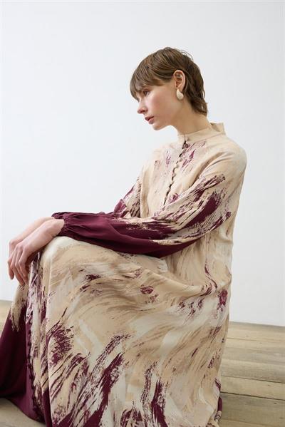 VALLE PATTERNED RAYON VISCOSE BELTED DRESS BURGUNDY