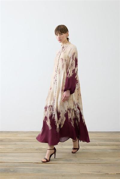 VALLE PATTERNED RAYON VISCOSE BELTED DRESS BURGUNDY