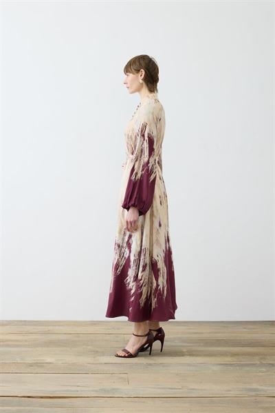 VALLE PATTERNED RAYON VISCOSE BELTED DRESS BURGUNDY