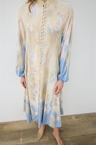 VALLE PATTERNED RAYON VISCOSE BELTED DRESS BABY BLUE