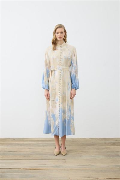 VALLE PATTERNED RAYON VISCOSE BELTED DRESS BABY BLUE