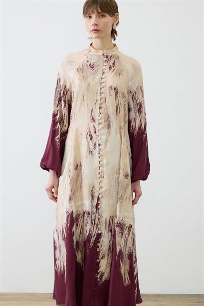 VALLE PATTERNED RAYON VISCOSE BELTED DRESS BURGUNDY