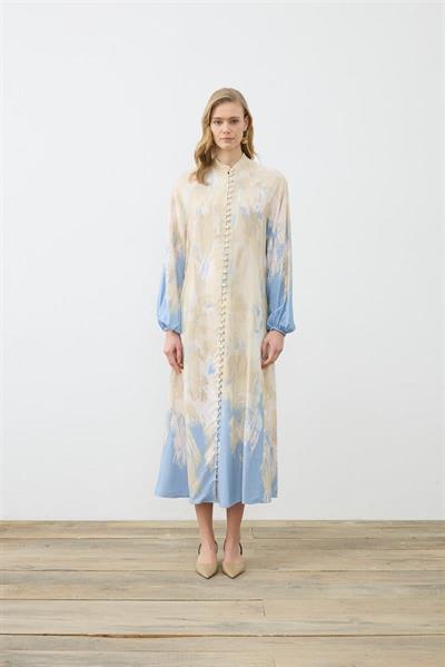 VALLE PATTERNED RAYON VISCOSE BELTED DRESS BABY BLUE