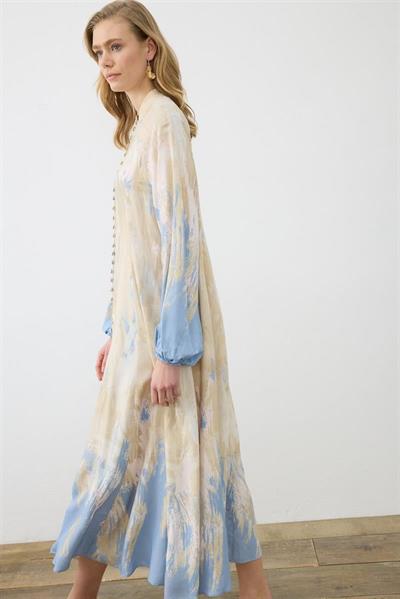 VALLE PATTERNED RAYON VISCOSE BELTED DRESS BABY BLUE