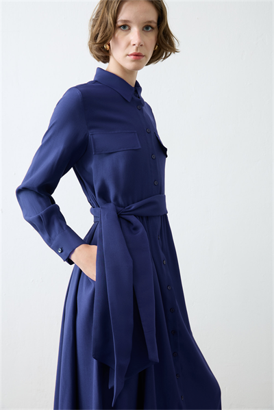 VERA VISCOSE POCKET SHIRT DRESS NAVY BLUE