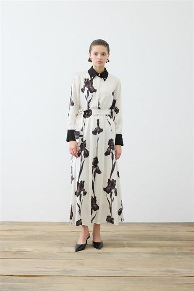 ZAMBAK PATTERNED COLLAR DETAILED TWILL DRESS BLACK BEIGE