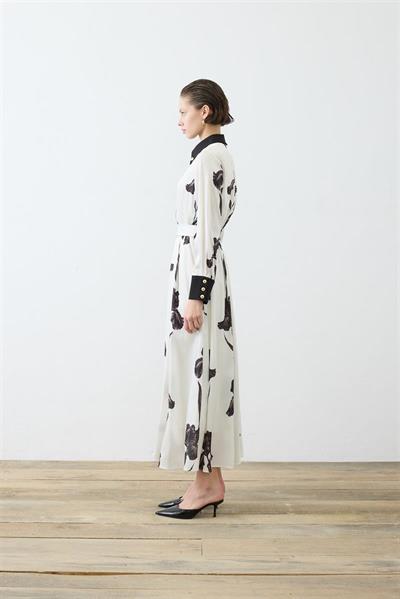 ZAMBAK PATTERNED COLLAR DETAILED TWILL DRESS BLACK BEIGE