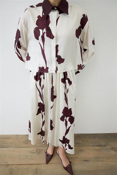 ZAMBAK PATTERNED TWILL SKIRT SET BURGUNDY BEIGE