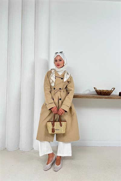 Ameda Fularlı Trench - Sütlü Kahve