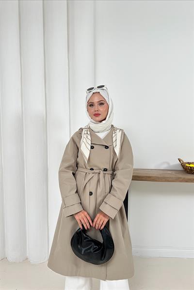 Ameda Fularlı Trench - Taş Rengi