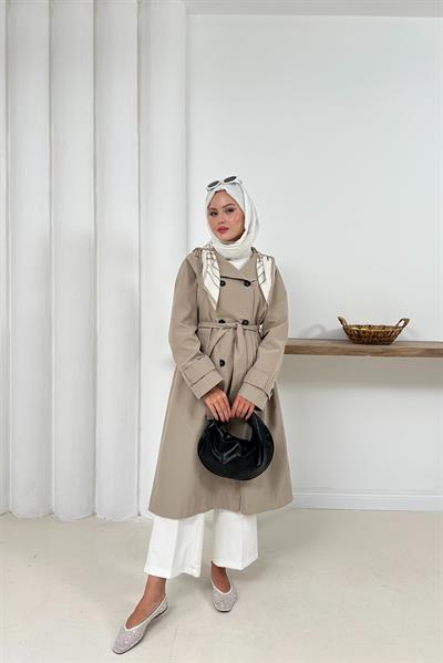 Ameda Fularlı Trench - Taş Rengi