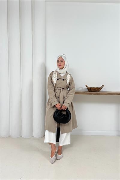 Ameda Fularlı Trench - Taş Rengi