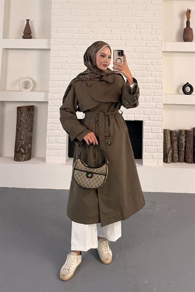 Elaris Kemerli Kruvaze Trench - Haki