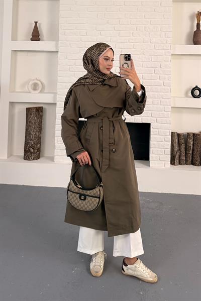 Elaris Kemerli Kruvaze Trench - Haki