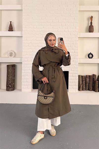 Elaris Kemerli Kruvaze Trench - Haki