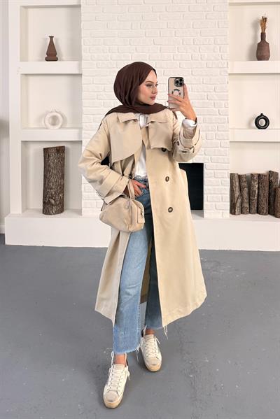 Elaris Kemerli Kruvaze Trench - Krem