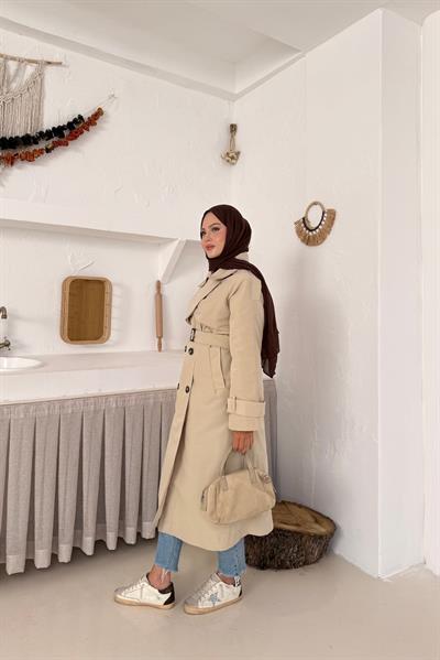 Elaris Kemerli Kruvaze Trench - Krem
