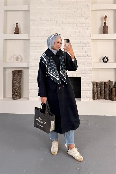 Elaris Kemerli Kruvaze Trench - Siyah