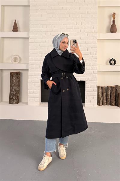 Elaris Kemerli Kruvaze Trench - Siyah