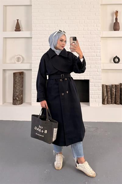 Elaris Kemerli Kruvaze Trench - Siyah