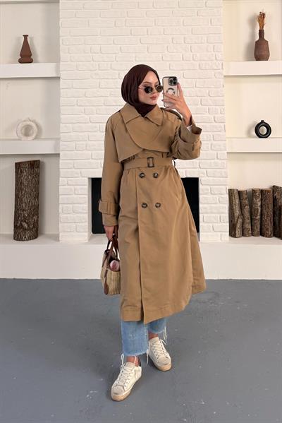 Elaris Kemerli Kruvaze Trench - Taba
