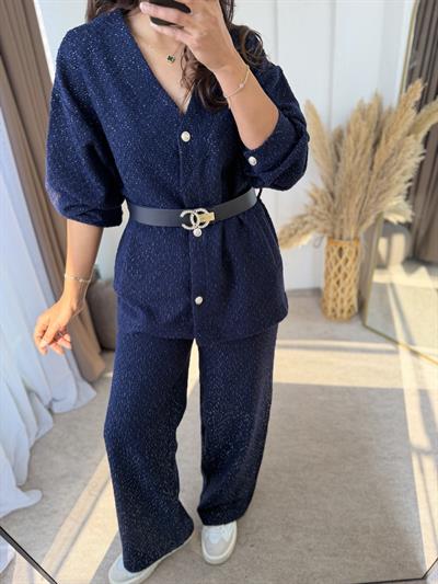 Chanel Kemerli Tüvit Takım Lacivert 