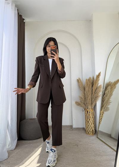 Çizgili Blazer Takım Acıkahve
