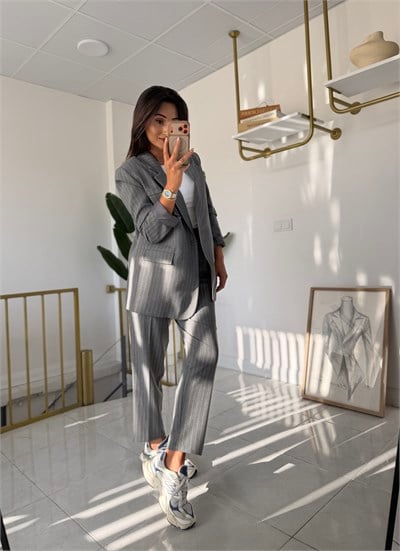 Çizgili Blazer Takım Antrasit