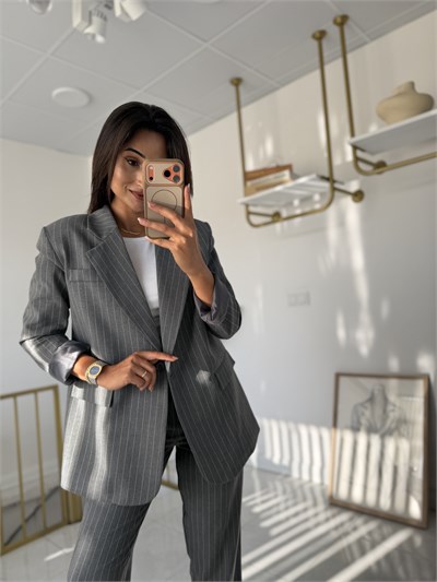 Çizgili Blazer Takım Antrasit
