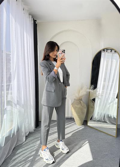 Çizgili Blazer Takım Antrasit