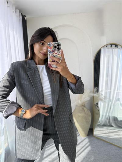 Çizgili Blazer Takım Antrasit