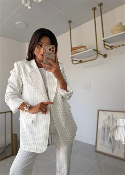 Çizgili Blazer Takım Krem