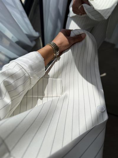 Çizgili Blazer Takım Krem