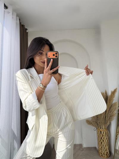 Çizgili Blazer Takım Krem