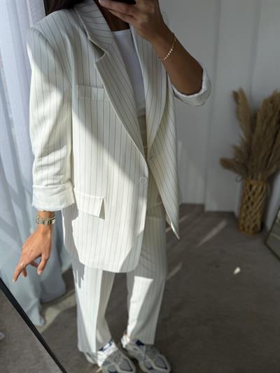 Çizgili Blazer Takım Krem
