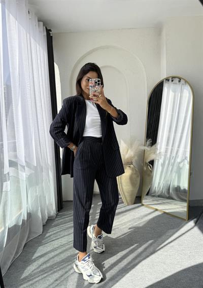 Çizgili Blazer Takım Lacivert