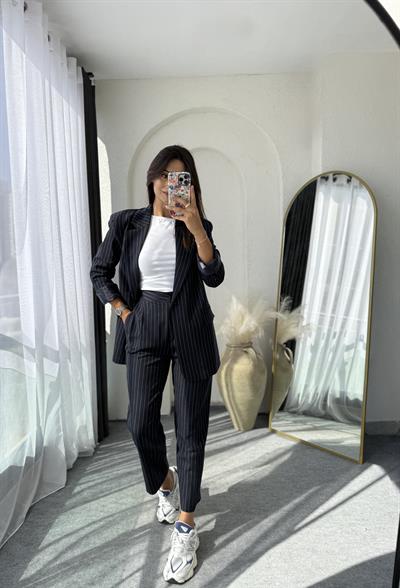 Çizgili Blazer Takım Lacivert