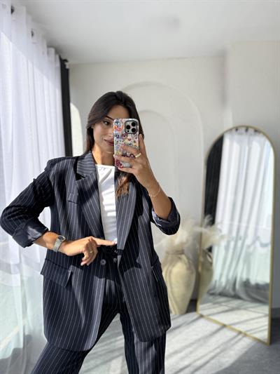 Çizgili Blazer Takım Lacivert
